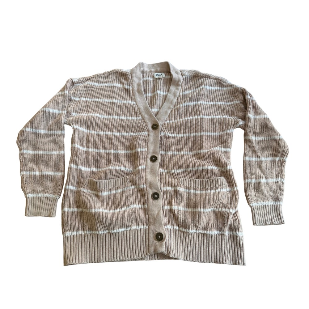 Pact Organic Cotton Striped Cardigan Sweater Tan White V-Neck Size M